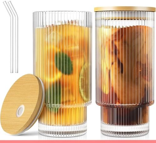 Tumbler glass straw and wooden lid